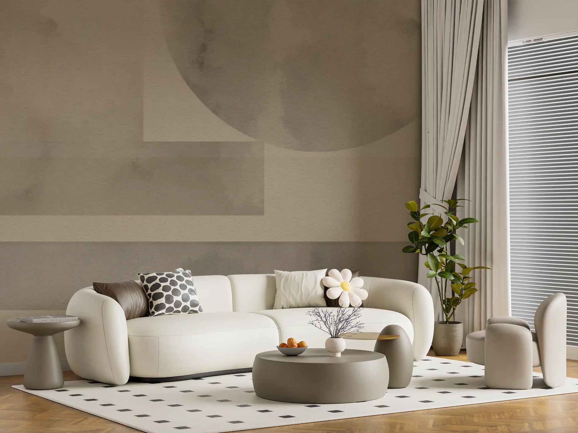 Elegant Living room setting improved by a textured geometry wall mural.