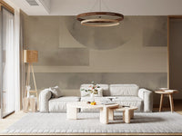 Contemporary living room displaying an earthy wall mural.