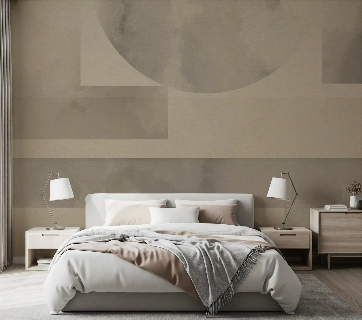 Tranquil bedroom featuring the Earthy Horizon Geometry Shapes Abstract Wall Mural.