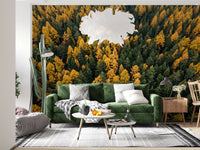 Dense treetops showcased perfectly within the Emerald and Gold Forest Canopy Wall Mural.