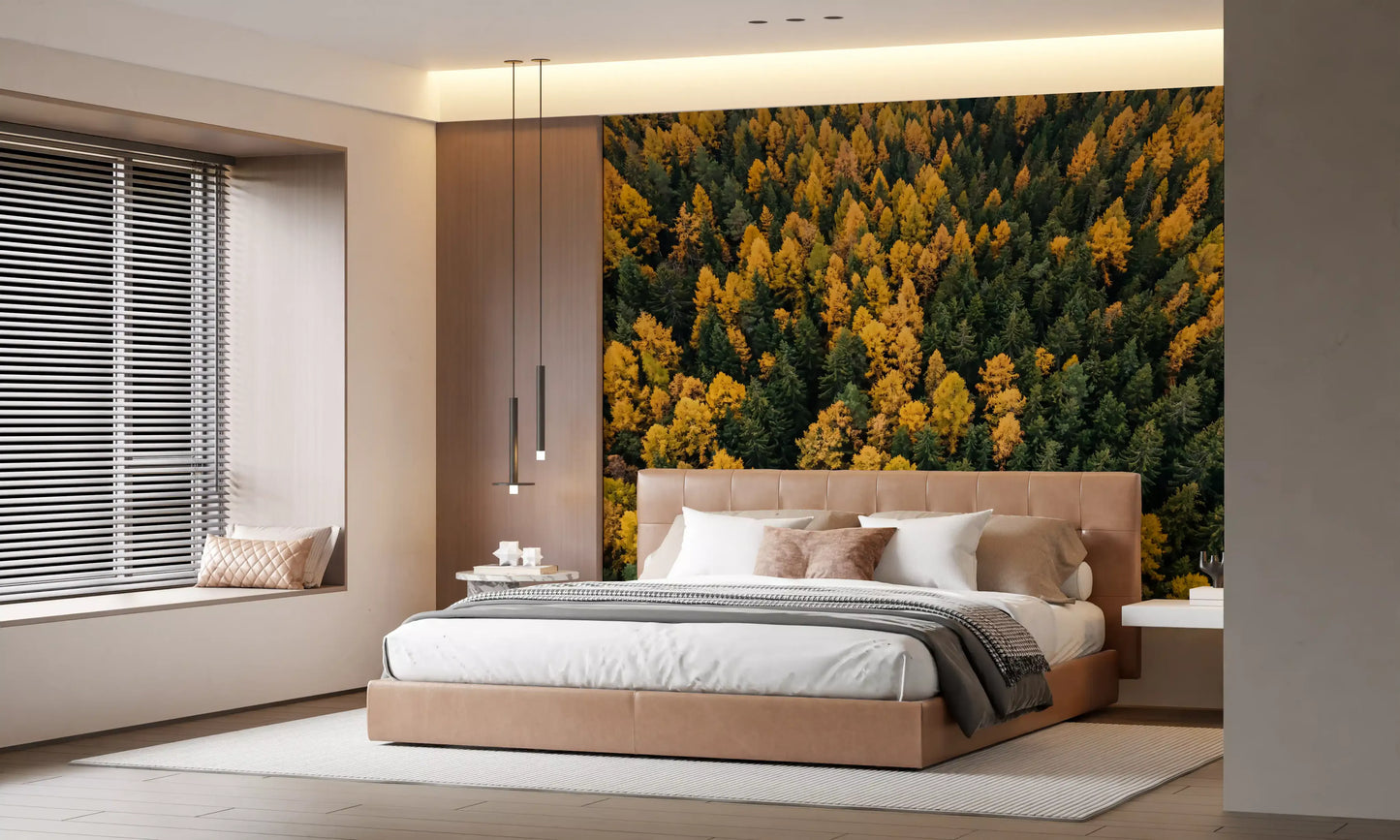 Peaceful bedroom showcasing a vivid Canopy styled wall mural setup.