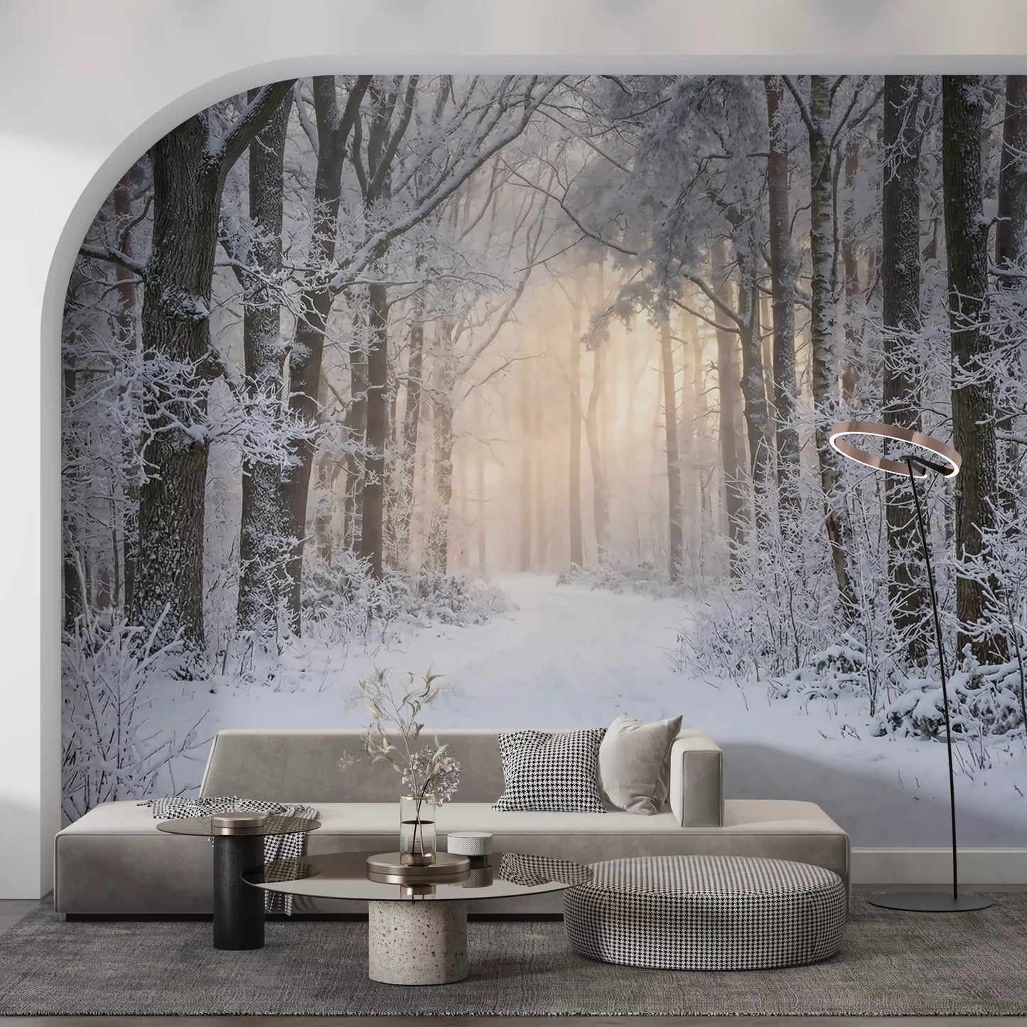 Soft morning light captured within the winter forest wall mural.