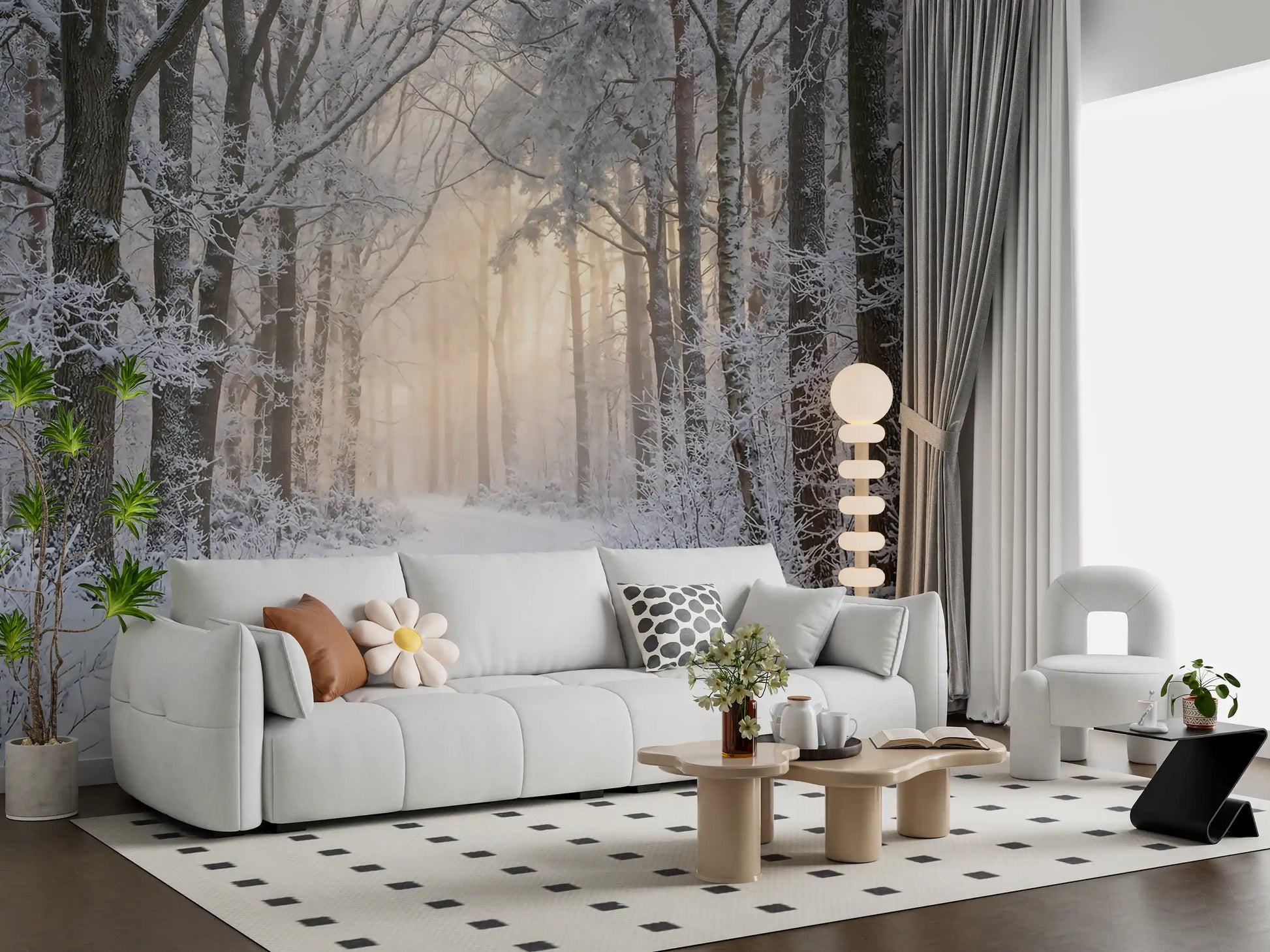 Misty winter wall mural adding a serene touch to a modern hallway.