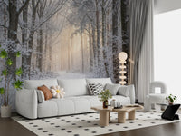 Misty winter wall mural adding a serene touch to a modern hallway.