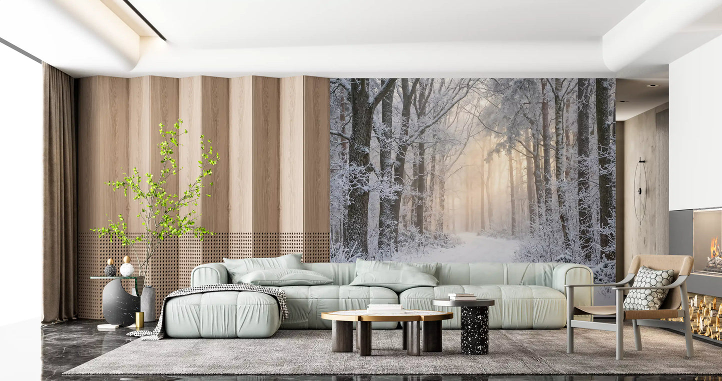Living room interior showcasing the misty winter forest glow wall mural.