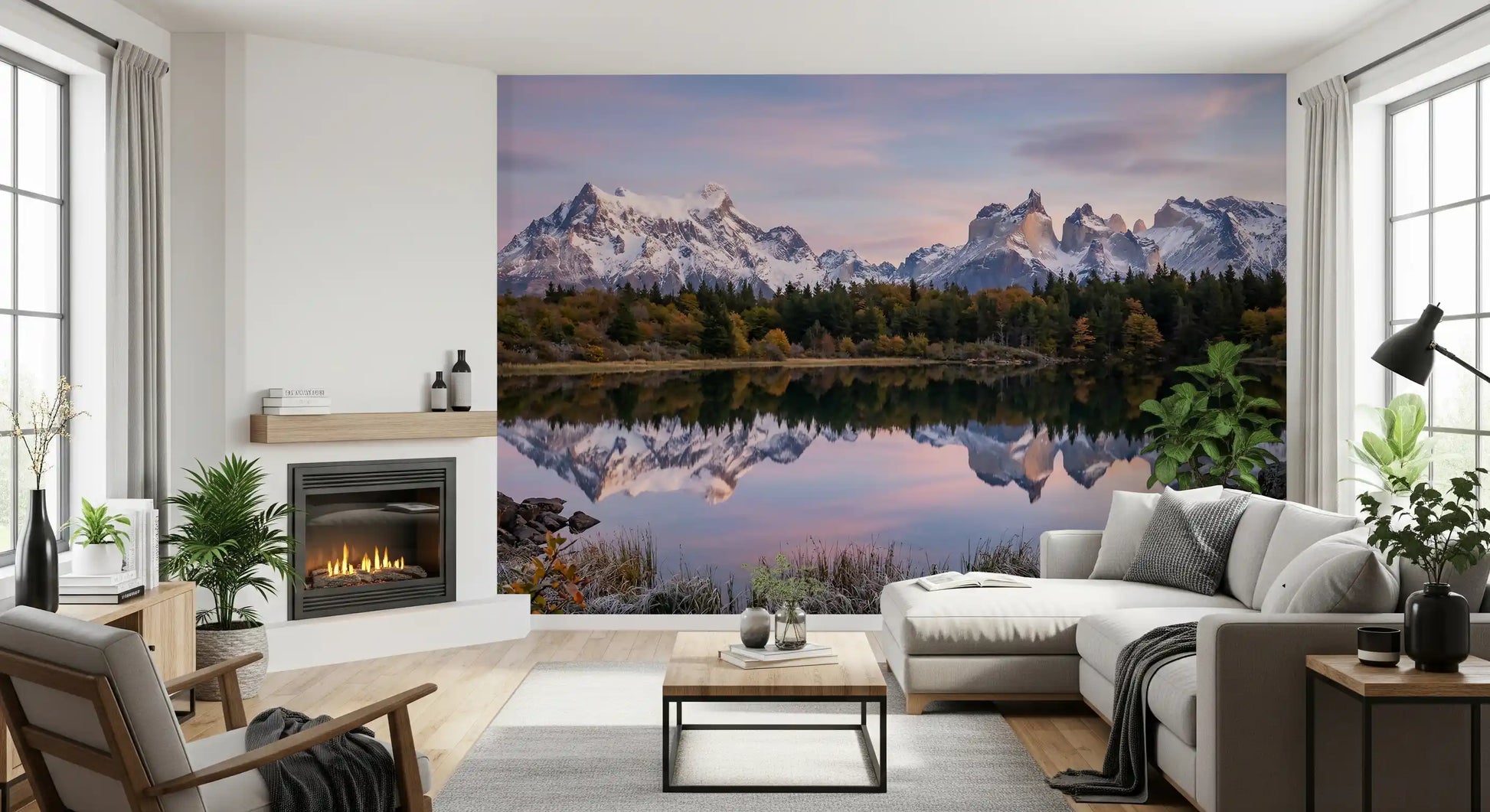 dining room setting by a scenic Mountain wall mural.