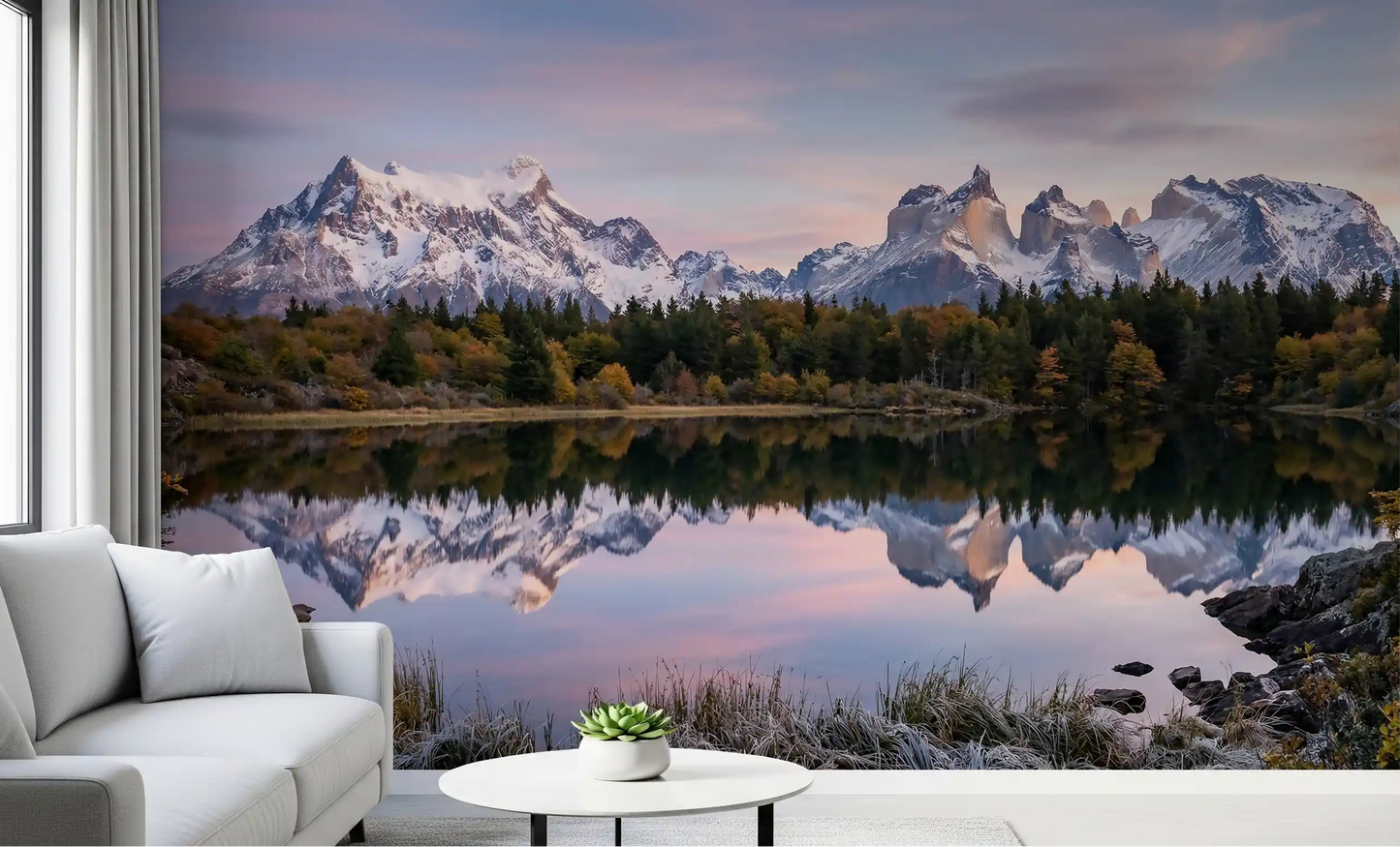 Bright living room featuring the Pink Sky Mountain Reflection Wall Mural.