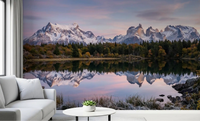 Bright living room featuring the Pink Sky Mountain Reflection Wall Mural.