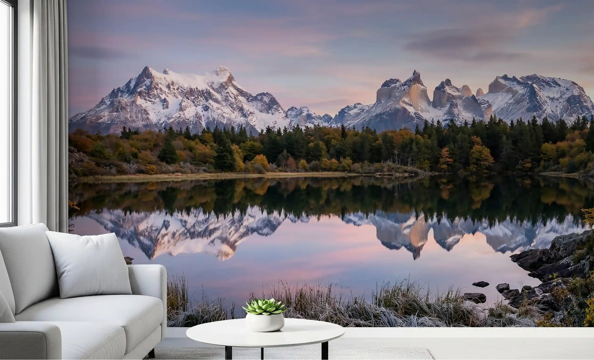 Bright living room featuring the Pink Sky Mountain Reflection Wall Mural.