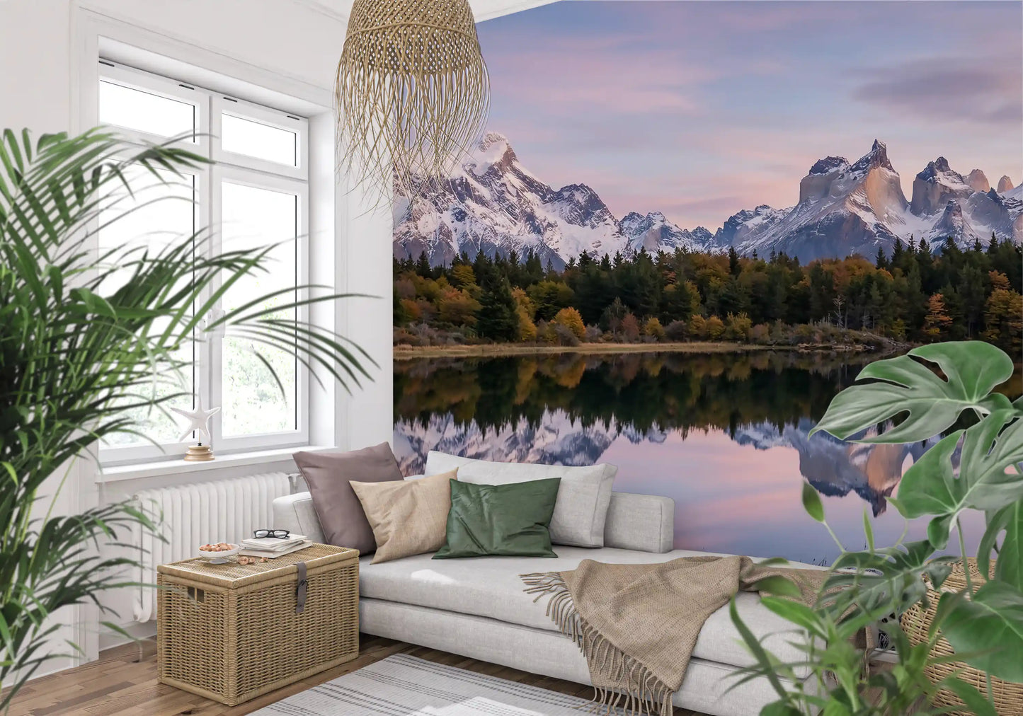 Living room the Pink Sky Mountain Reflection Wall Mural.