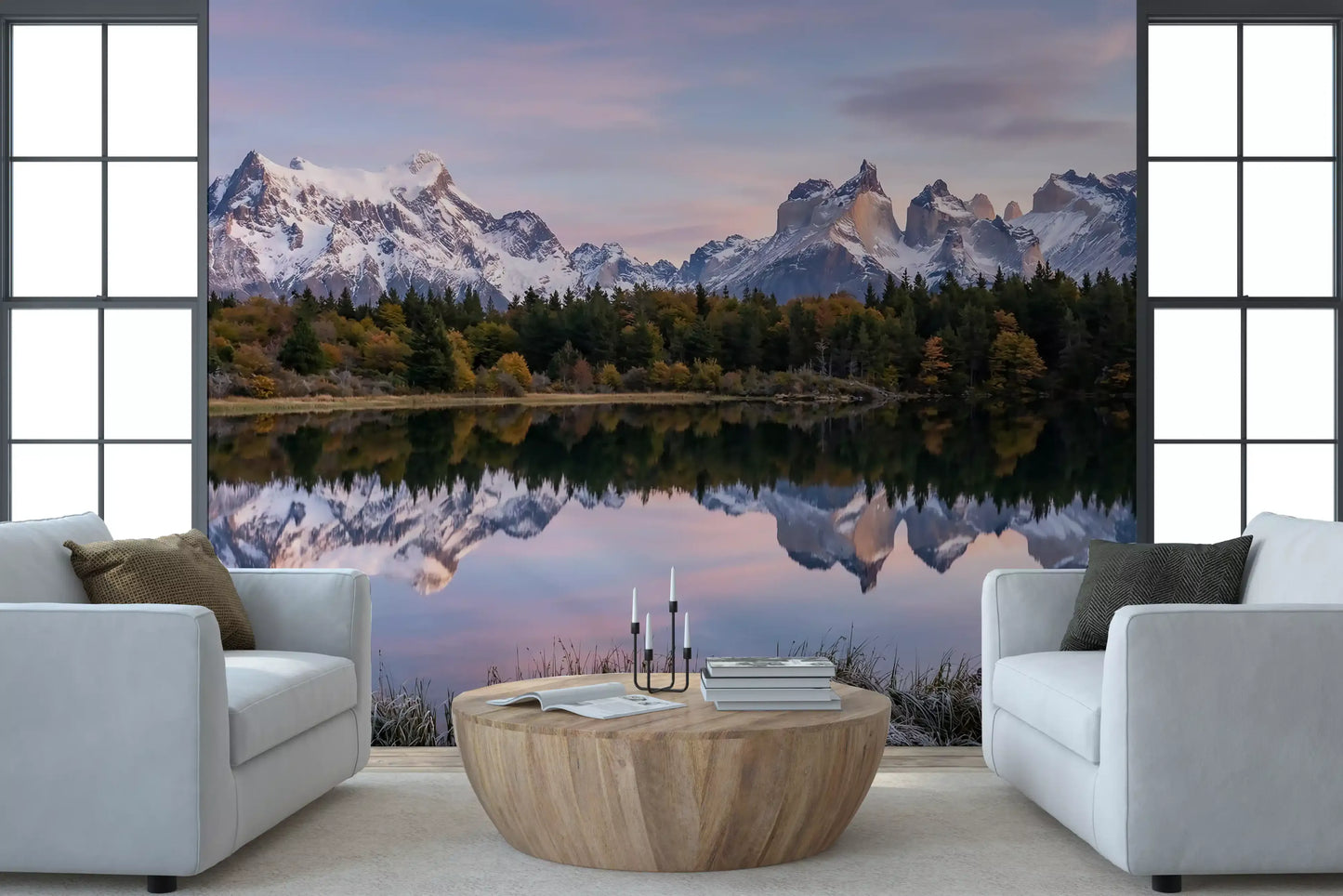 Cozy sitting area displaying a beautiful Mountain wall mural.