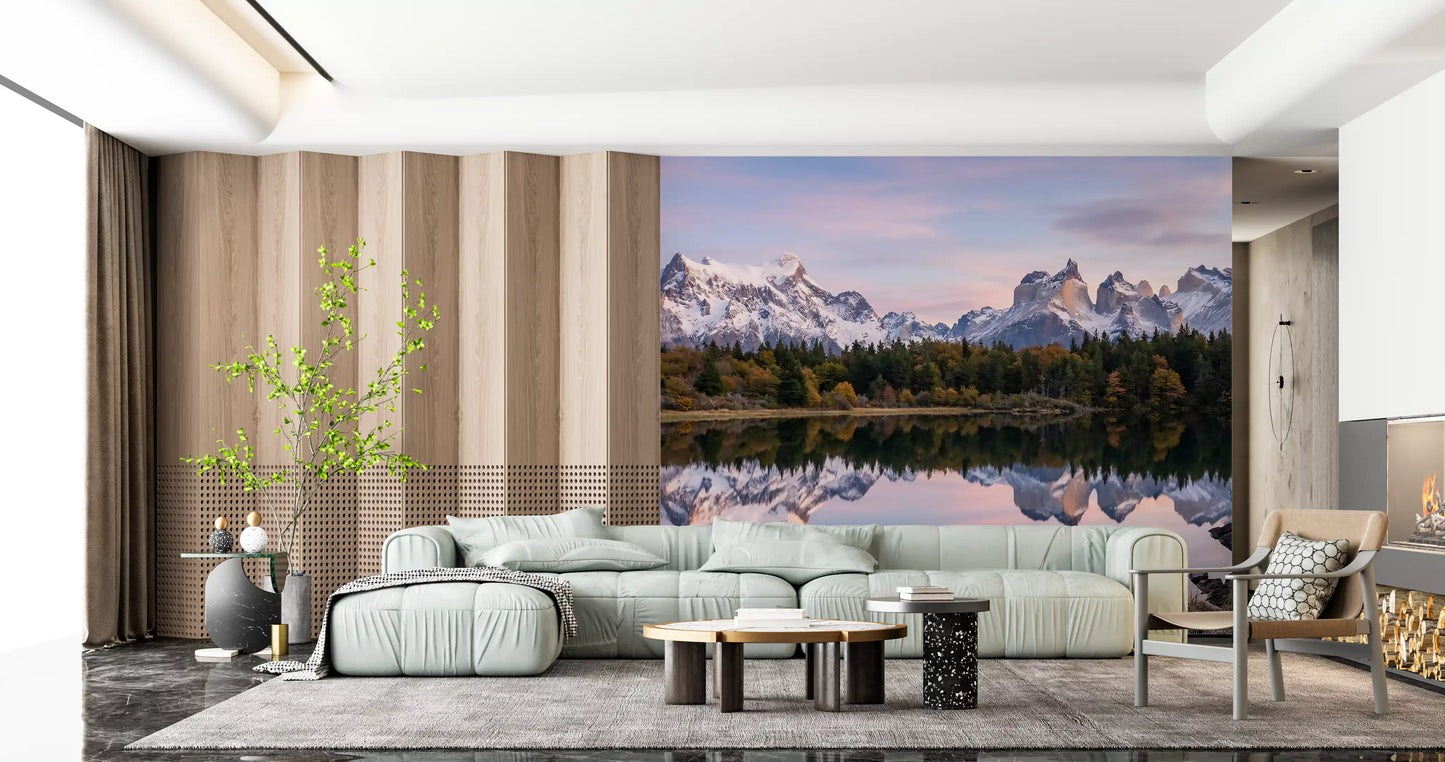 Incredible snowy peaks characterize this scenic Mountain wall mural.