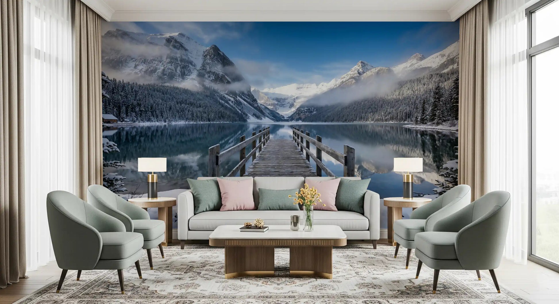 Bright living area displaying a scenic alpine landscape wall mural.