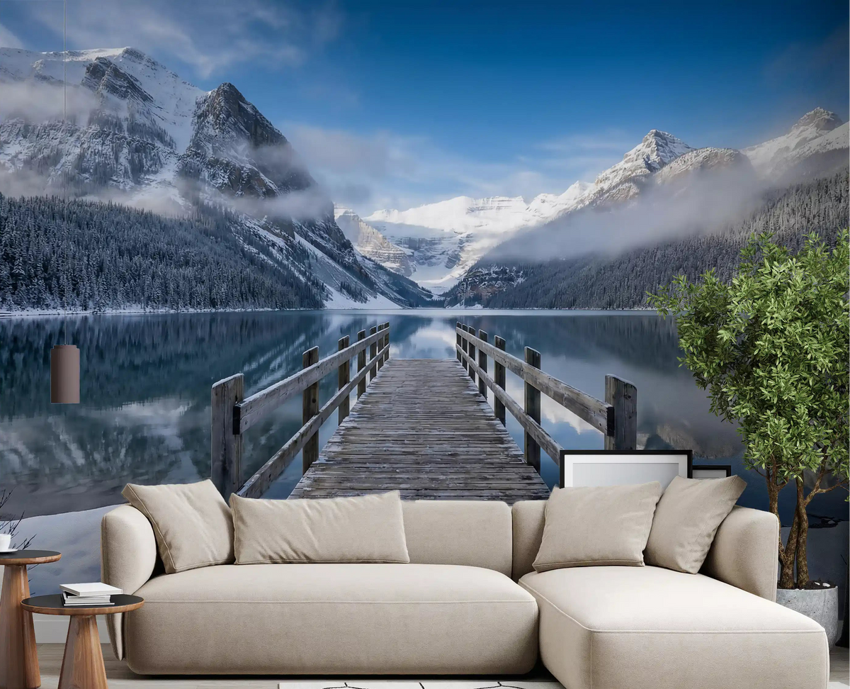 living room featuring the Alpine Lake Winter Serenity Wall Mural.