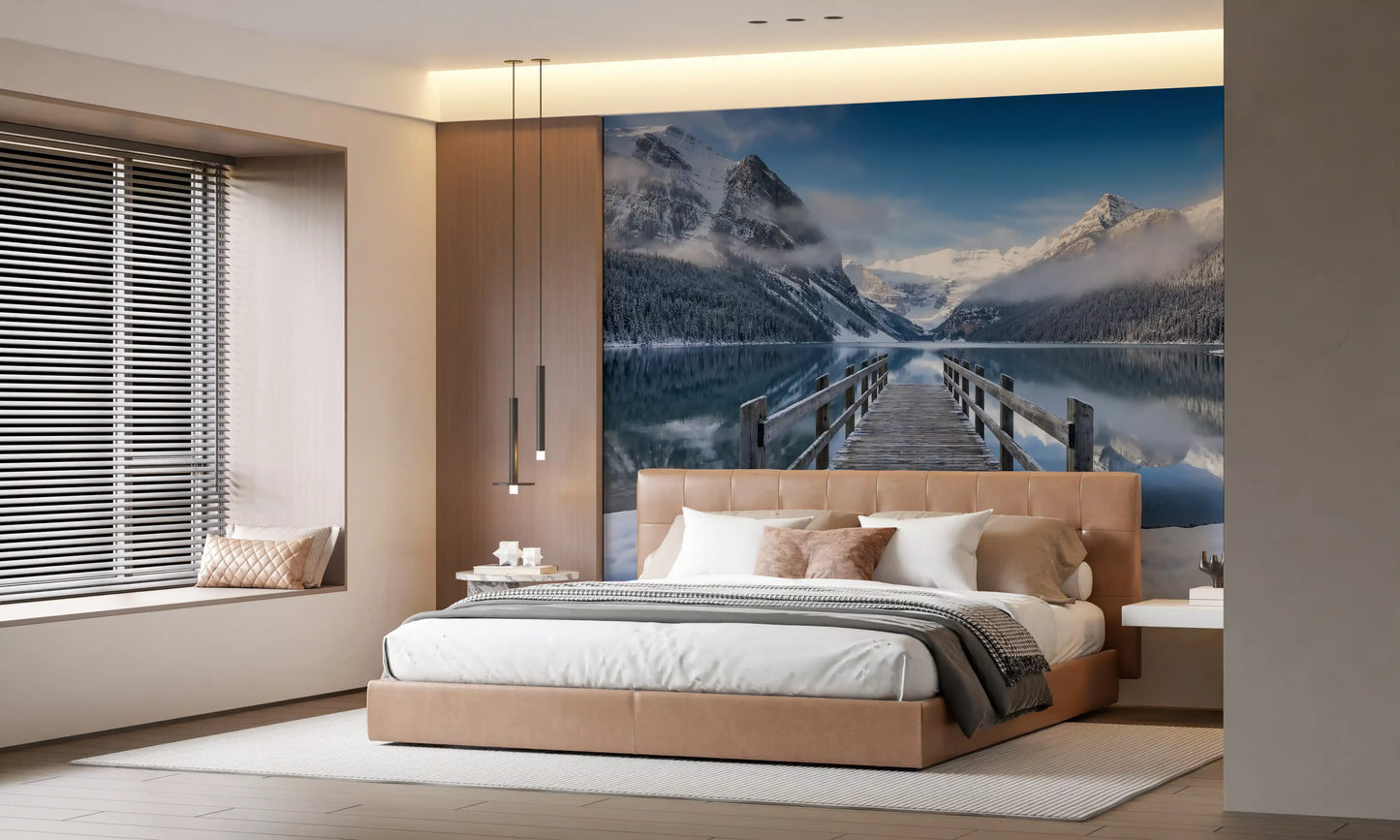 Clear blue sky reflecting on the water in an alpine wall mural.