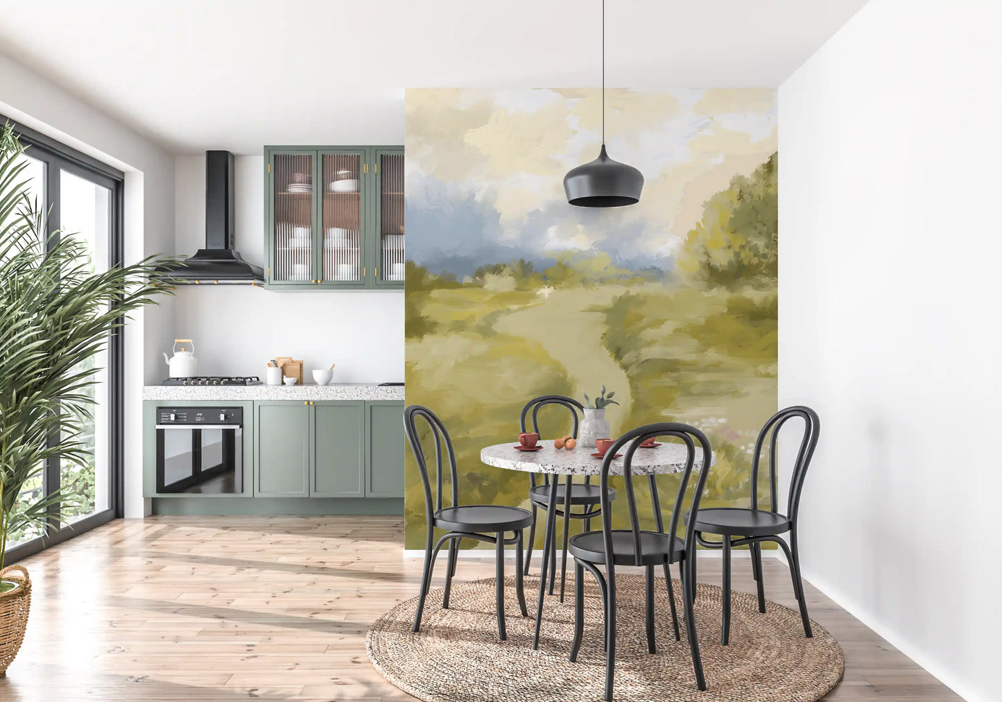 kitchen-dining space enhanced with the impressionism wall mural