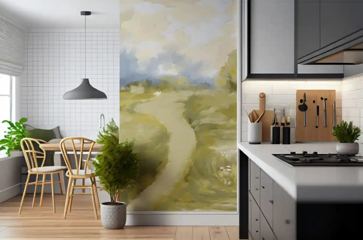 Thick brushstrokes define this serene countryside wall mural landscape