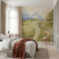 Cozy bedroom interior beautifully styled with a calming painting wall mural