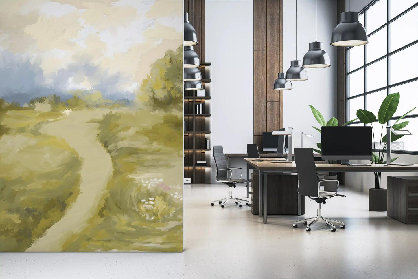 A winding dirt path featured within the impressionism wall mural scenery