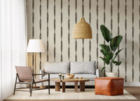 Living room interior accented with the Muted Green Stripes on Creamy White Wallpaper.