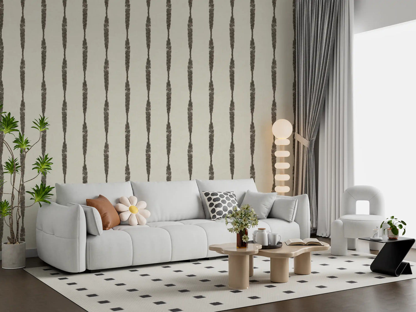 The elegant Creamy White Textured Stripes wallpaper illuminating a spacious living room.