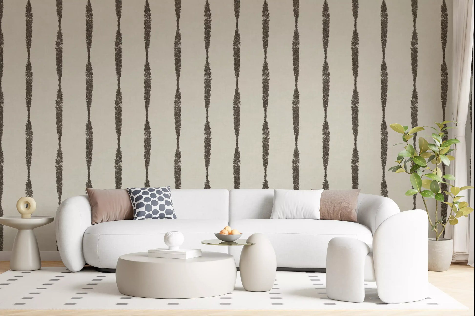 The Creamy White Textured Stripes wallpaper displays beautifully weathered vertical bands.