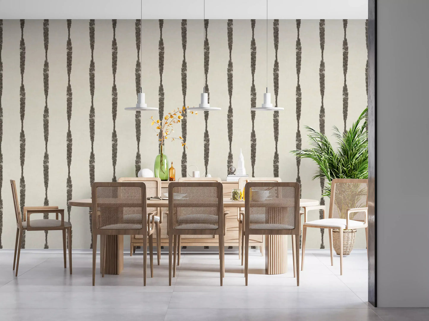 Bright dining room showcasing the beautiful Textured Distressed Stripes wallpaper.