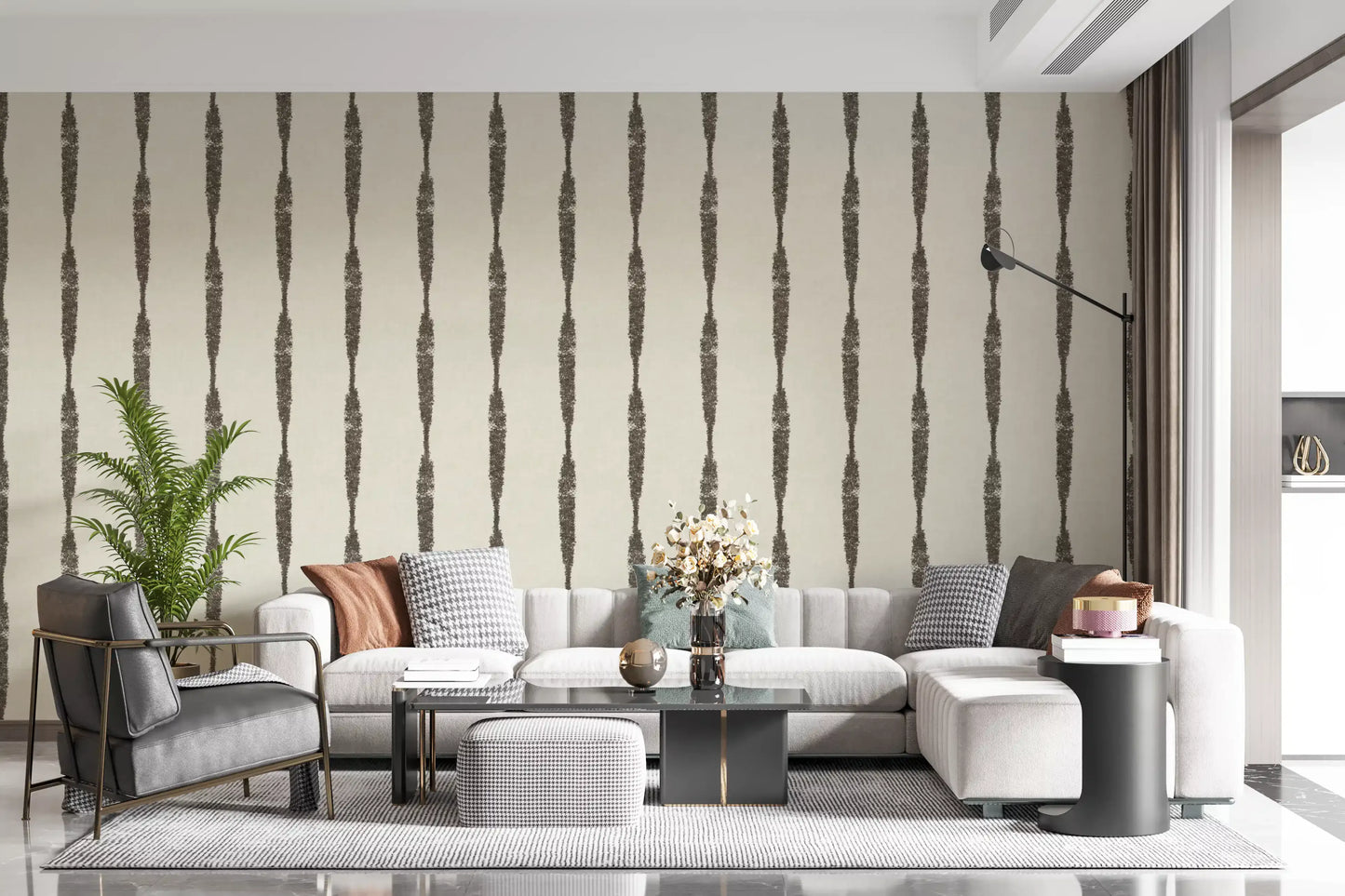 Lounge area enhanced by the beautiful Muted Green Textured Distressed Stripes wallpaper.
