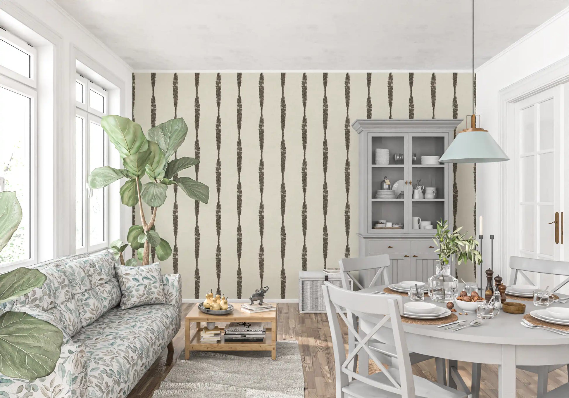 Modern Dining room  by the Muted Green Stripes on Creamy White Wallpaper.