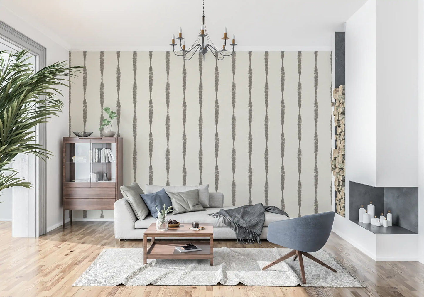 Green Textured Stripes on Creamy White Wallpaper showing vertical lines.