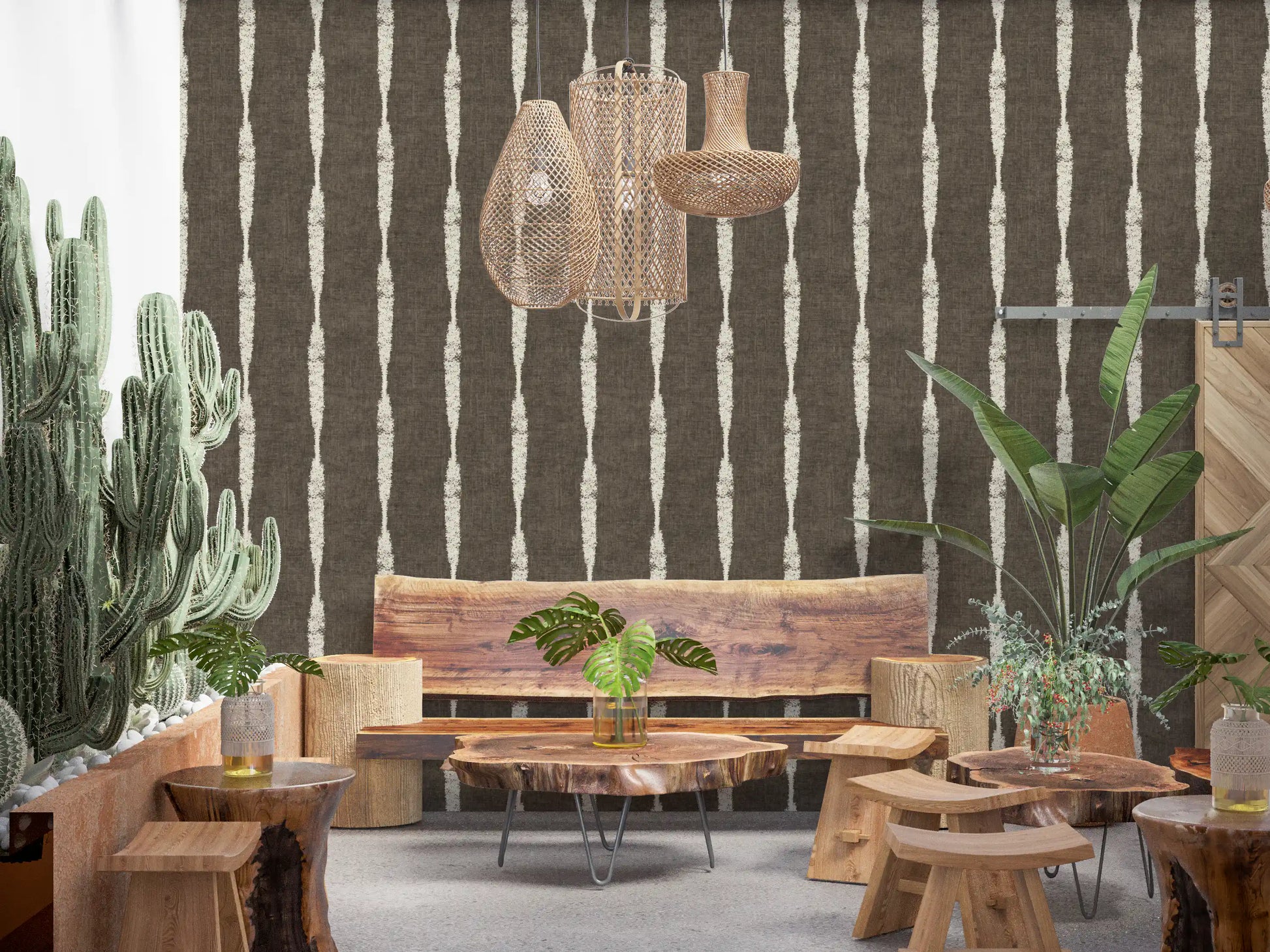 wooden restaurant sitting area the Cream Textured Distressed Stripes on Muted Brown Wallpaper.