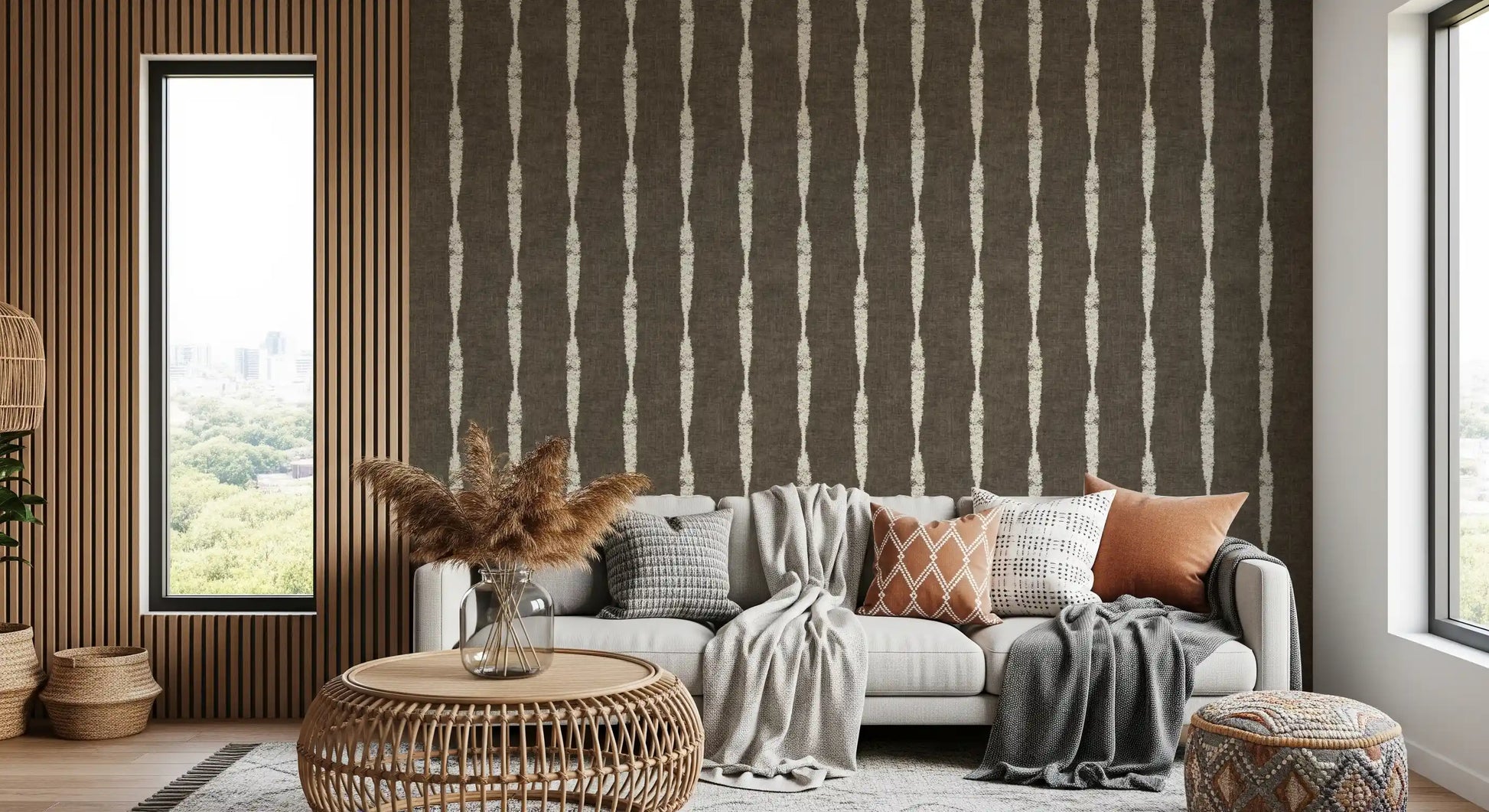 the Cream Textured Distressed Stripes on Muted Brown Wallpaper.