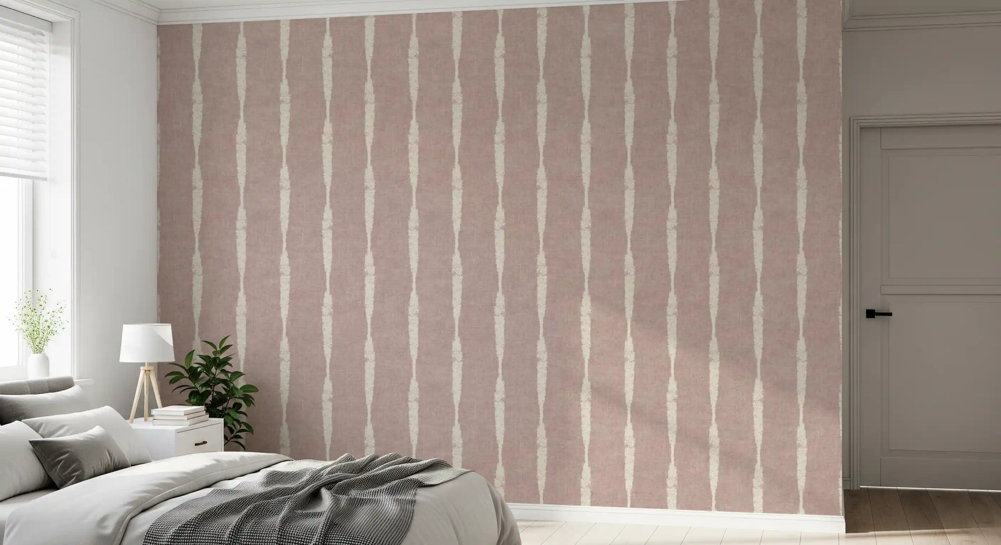 Nude pink wallpaper providing a gentle textured backdrop for a modern Bedroom.
