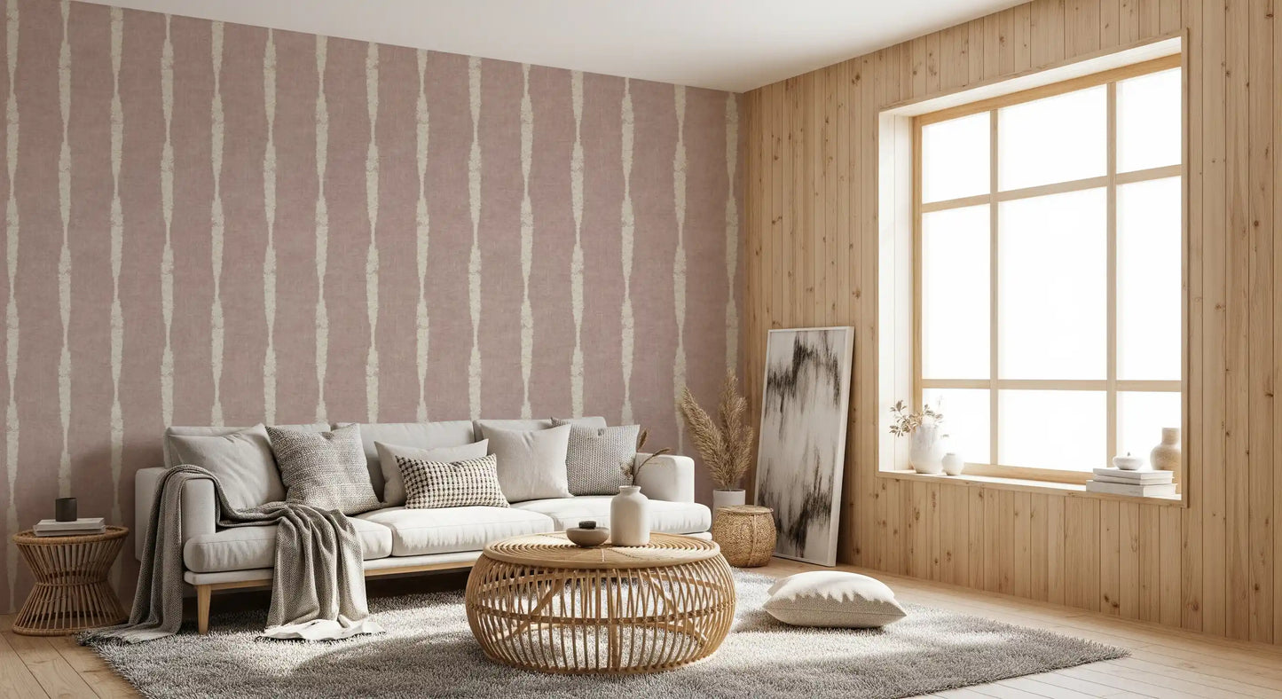 Living room  featuring a delicate nude pink textured wallpaper aesthetic.