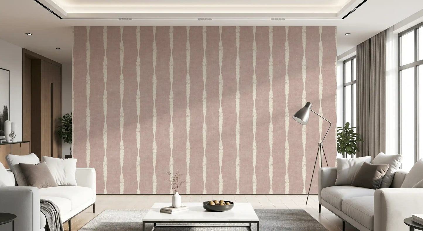 Spacious living room enhanced by the cream textured distressed stripes wallpaper.