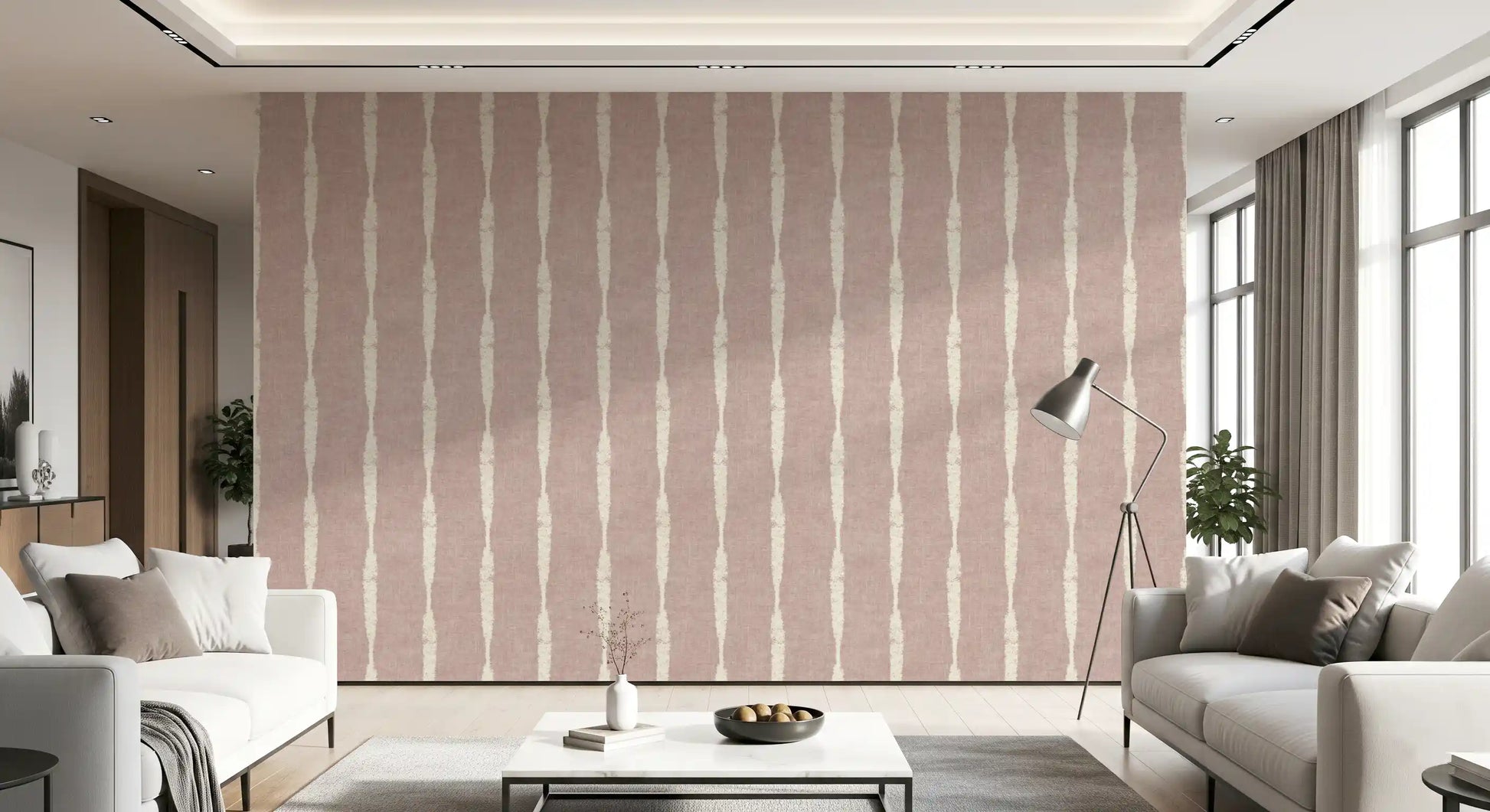 Spacious living room enhanced by the cream textured distressed stripes wallpaper.