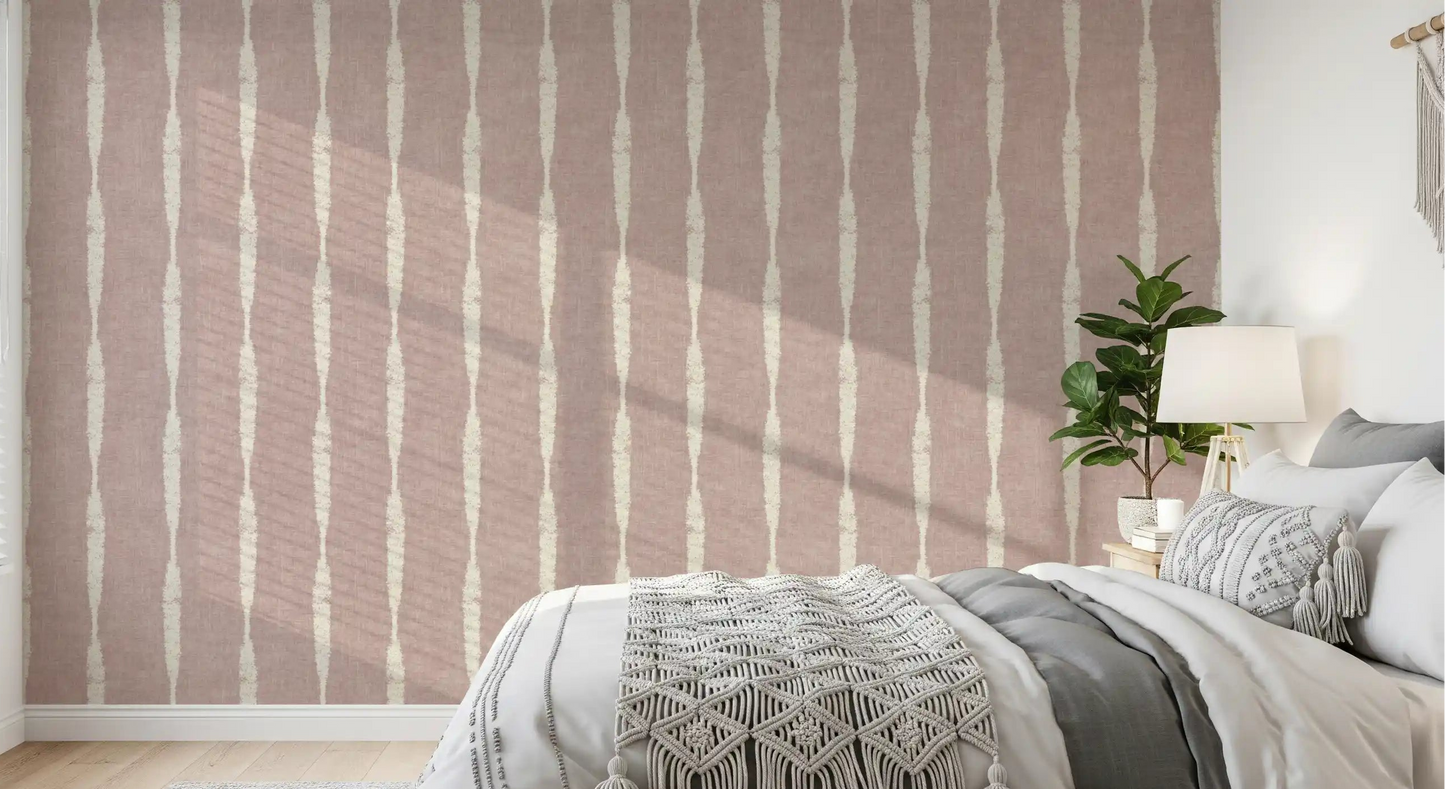 Cream distressed stripes wallpaper styling a calm and relaxing bedroom environment.