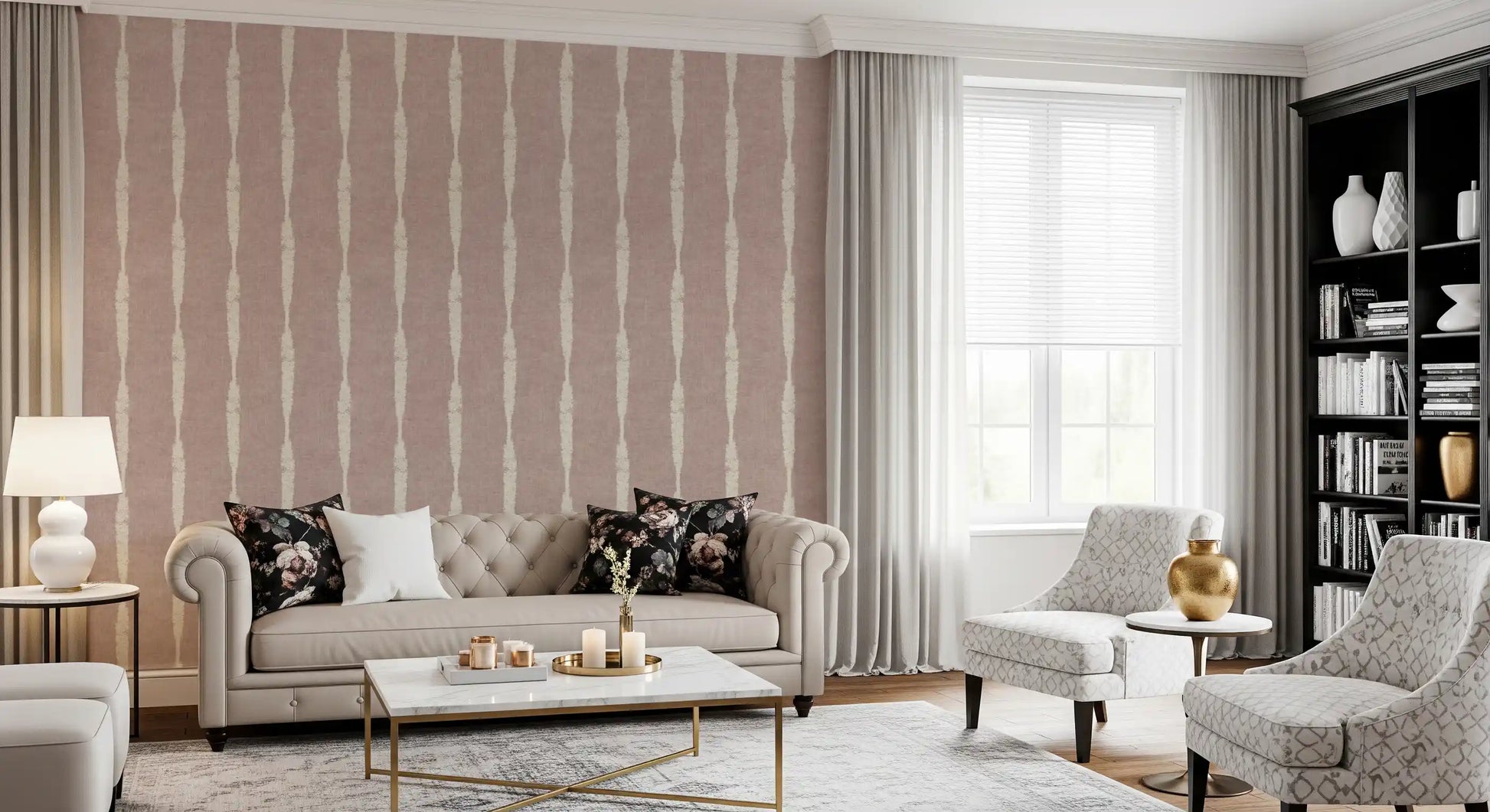 Rhythmic cream stripes wallpaper displayed beautifully in a tranquil living room.