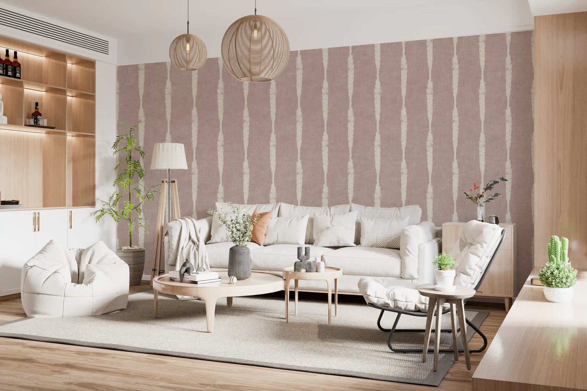look at the distressed cream stripes on nude pink wallpaper.