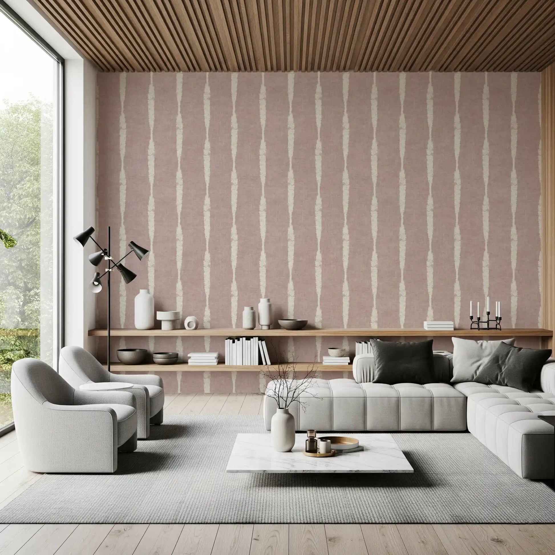 Textured stripes wallpaper adding a cozy atmosphere to a hallway setting.