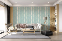 Minimalist living room backdrop using a beautiful soft blue distressed wallpaper.