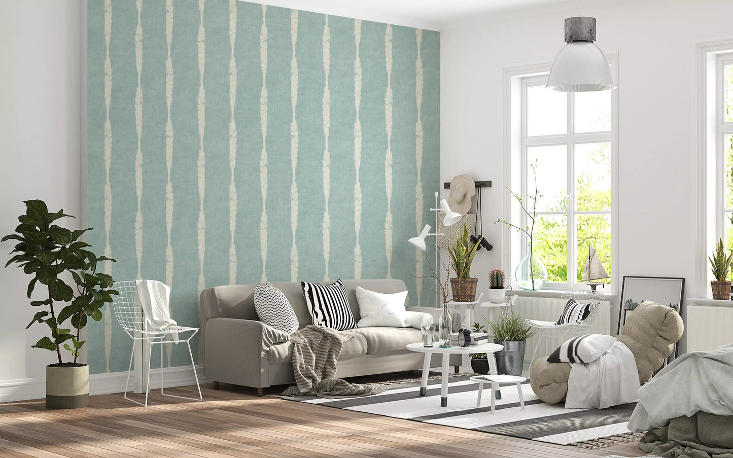 the cream textured distressed stripes on soft blue wallpaper.