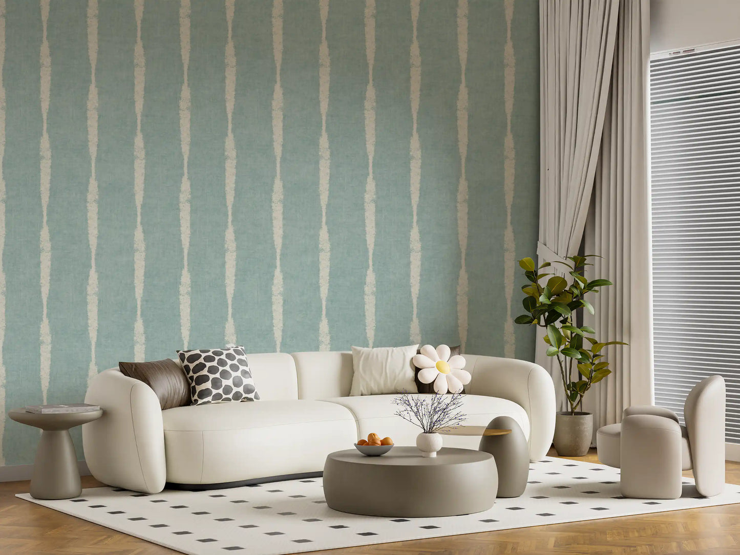 off-white lines characterize this distressed stripes wallpaper.