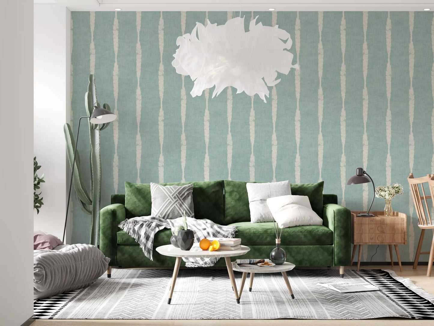 living room displaying this distressed cream stripes wallpaper.