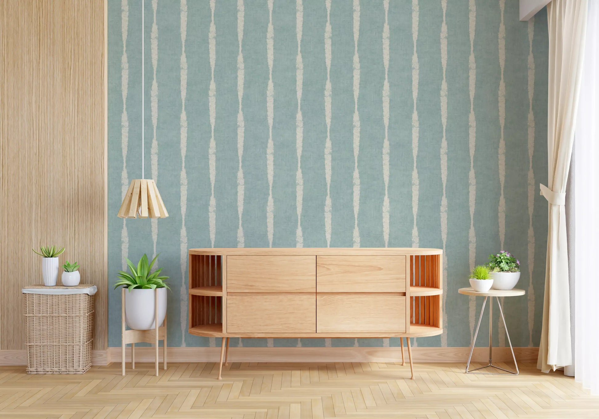 hallway area displaying this distressed cream stripes wallpaper.