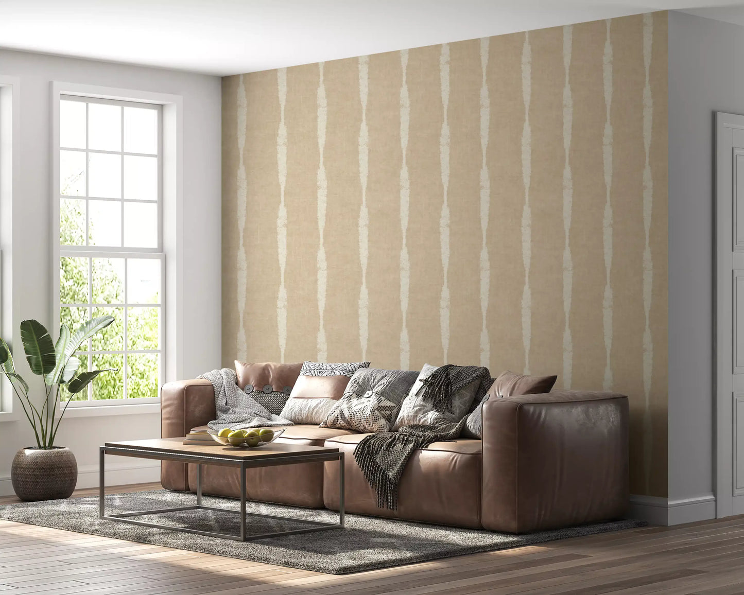 Lounge with Creamy White Textured Distressed Stripes on Warm Beige Wallpaper.