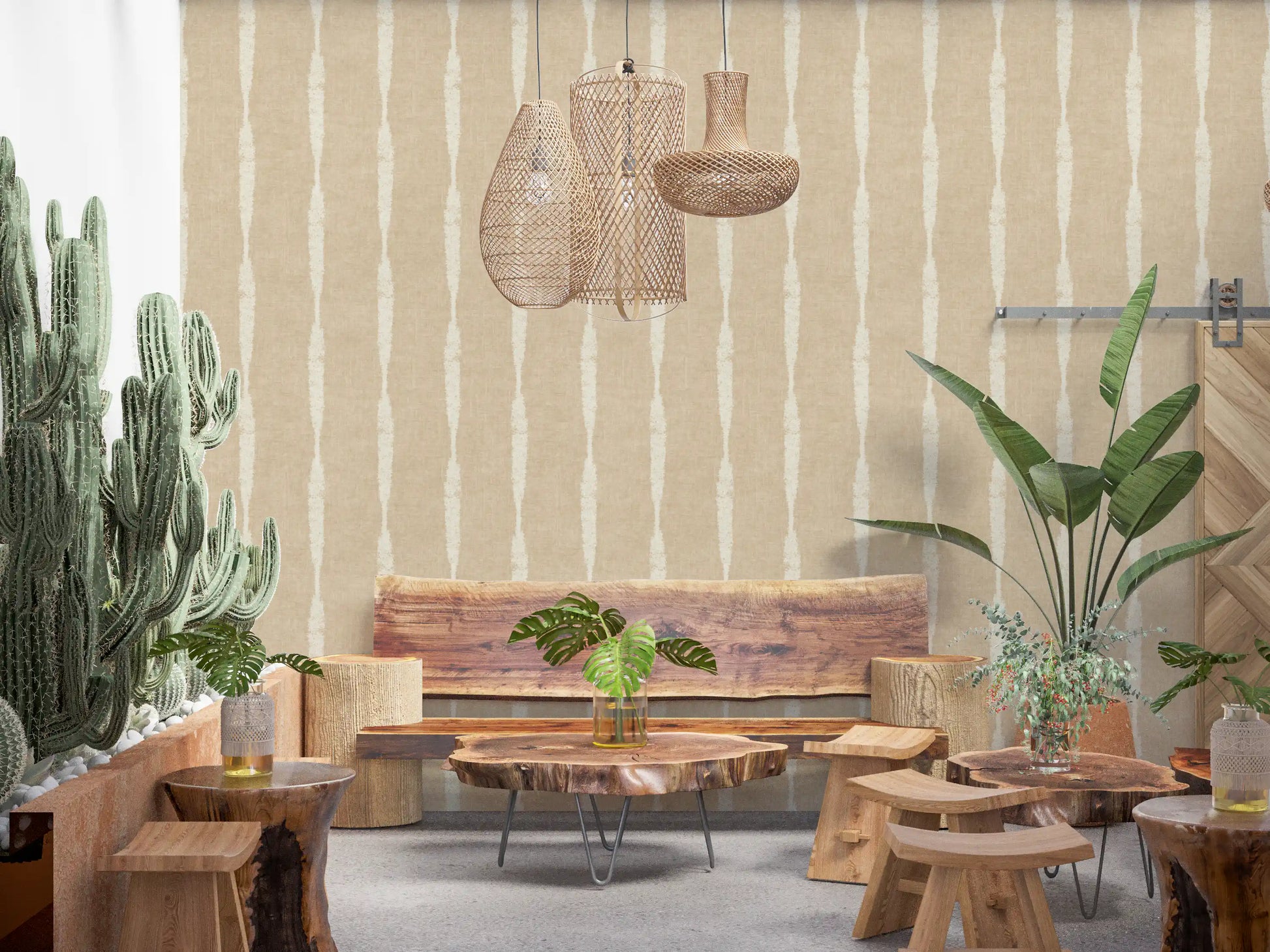 Restaurant sitting area featuring a neutral Stripes wallpaper.