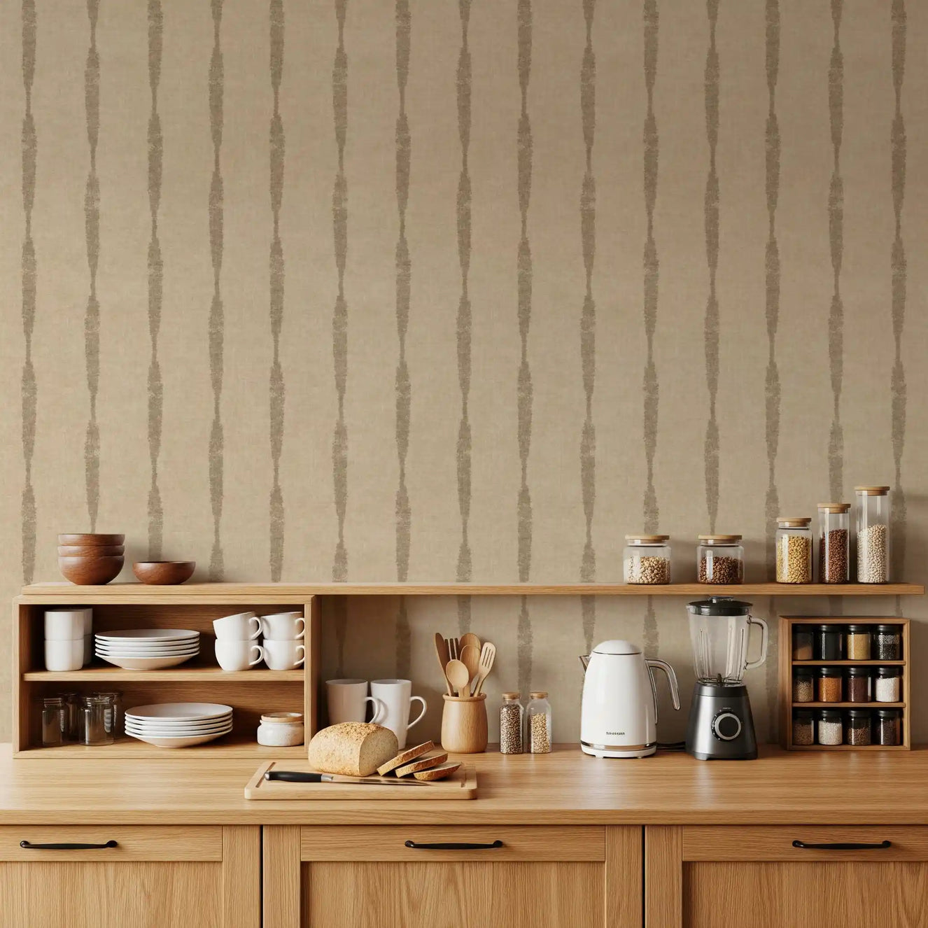 Kitchen featuring the Kaki Textured Distressed Stripes on Warm Beige Wallpaper