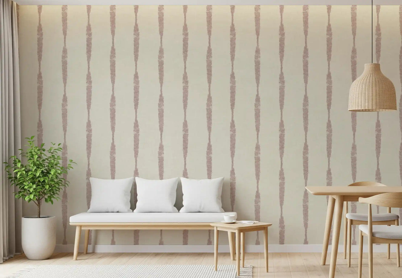 Nude Pink Textured Distressed Stripes on Cream Wallpaper applied inside a modern bedroom.