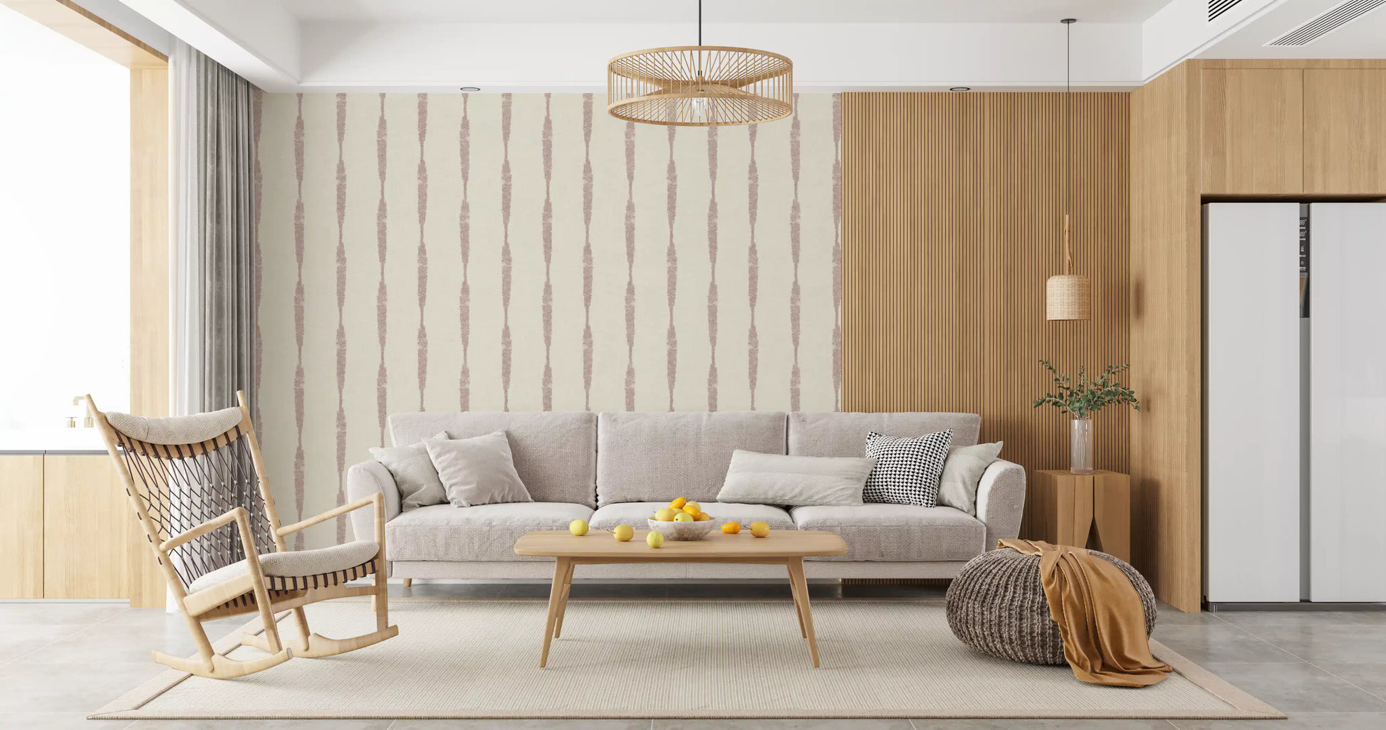 Nude Pink Textured Distressed Stripes on Cream Wallpaper styling a cozy living room.